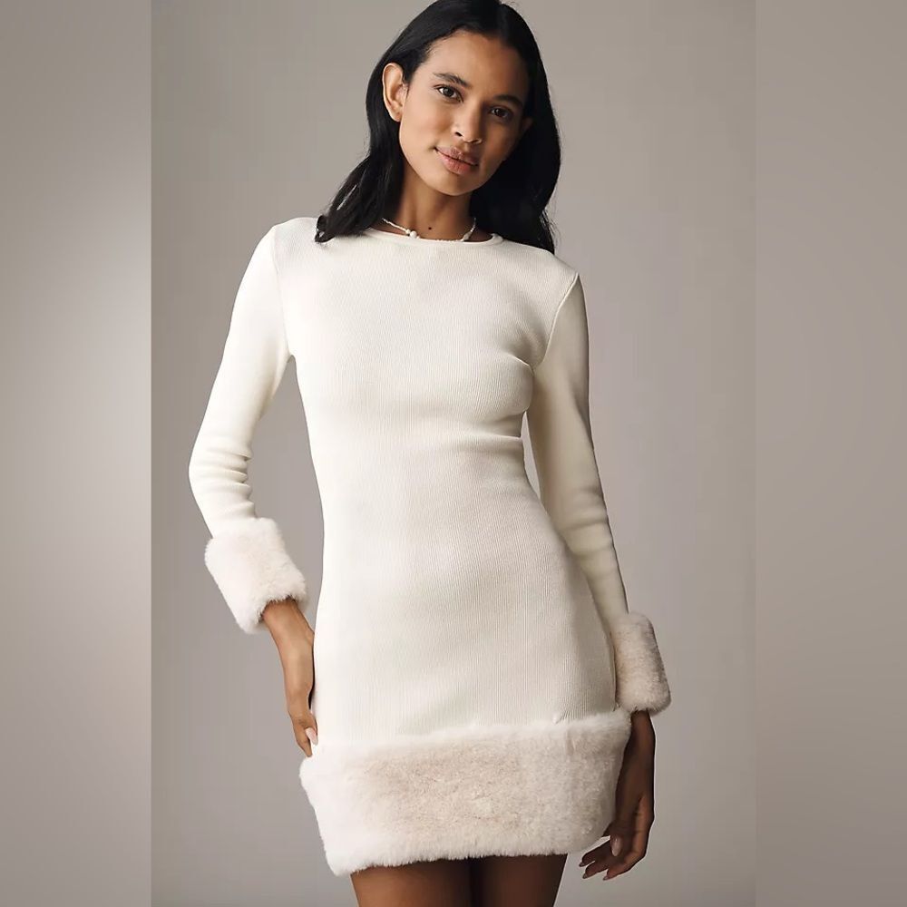 NWT Delfi Collective Faux Fur-Trim Long-Sleeve Mini Sweater Dress - Picture 1 of 4